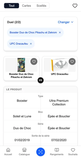 Le comparateur de CardoMint sur un téléphone : deux produits en duel, leurs photos face à face et le tableau des critères en dessous.