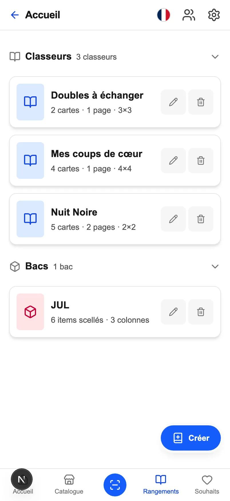 L'écran « Mes rangements » de CardoMint sur un téléphone : les classeurs et les bacs, avec le nombre de cartes rangées dans chacun.