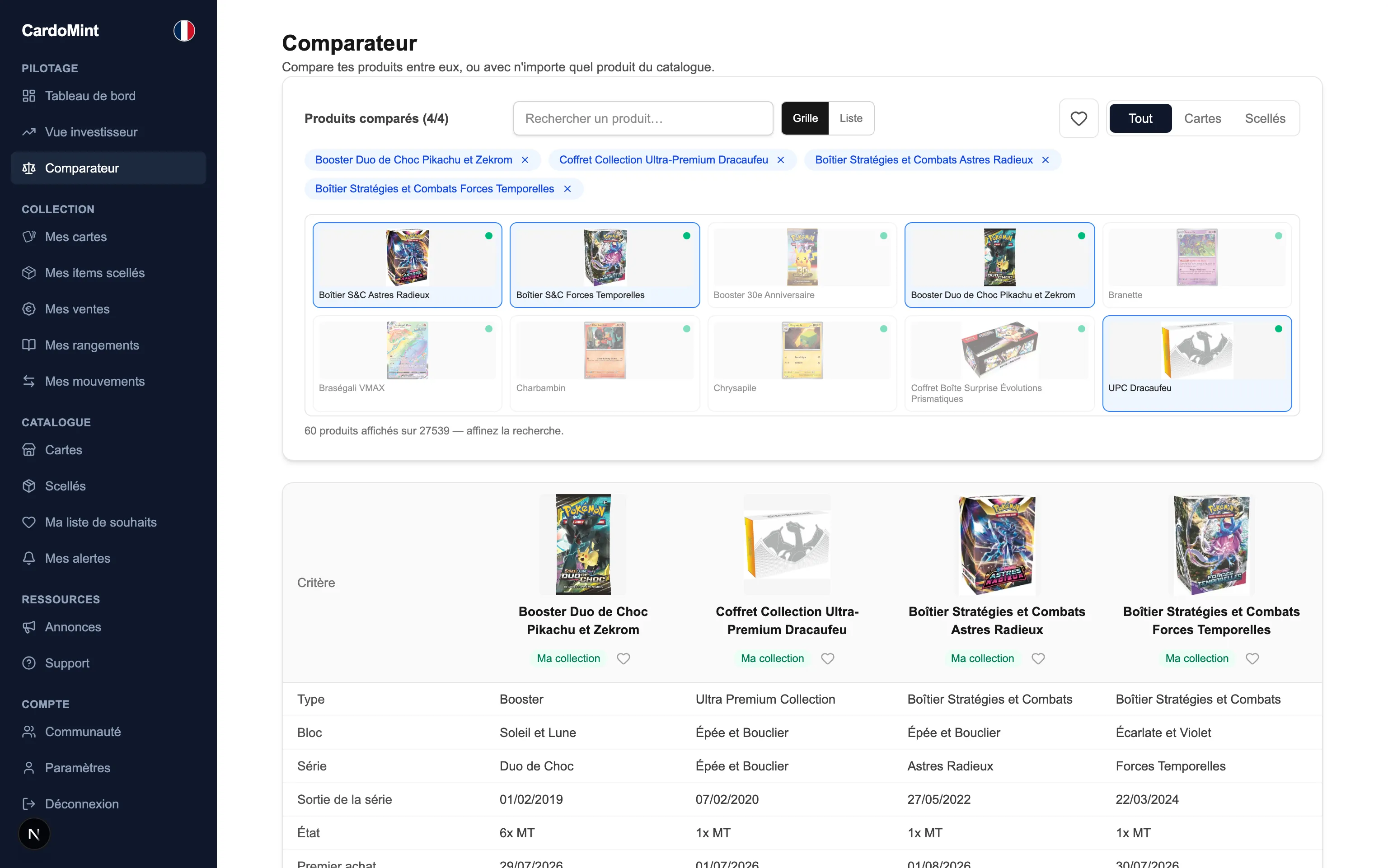 Le comparateur de CardoMint sur un ordinateur : quatre produits comparés colonne par colonne, avec leurs photos, leur type, leur bloc, leur série et leur date de sortie.
