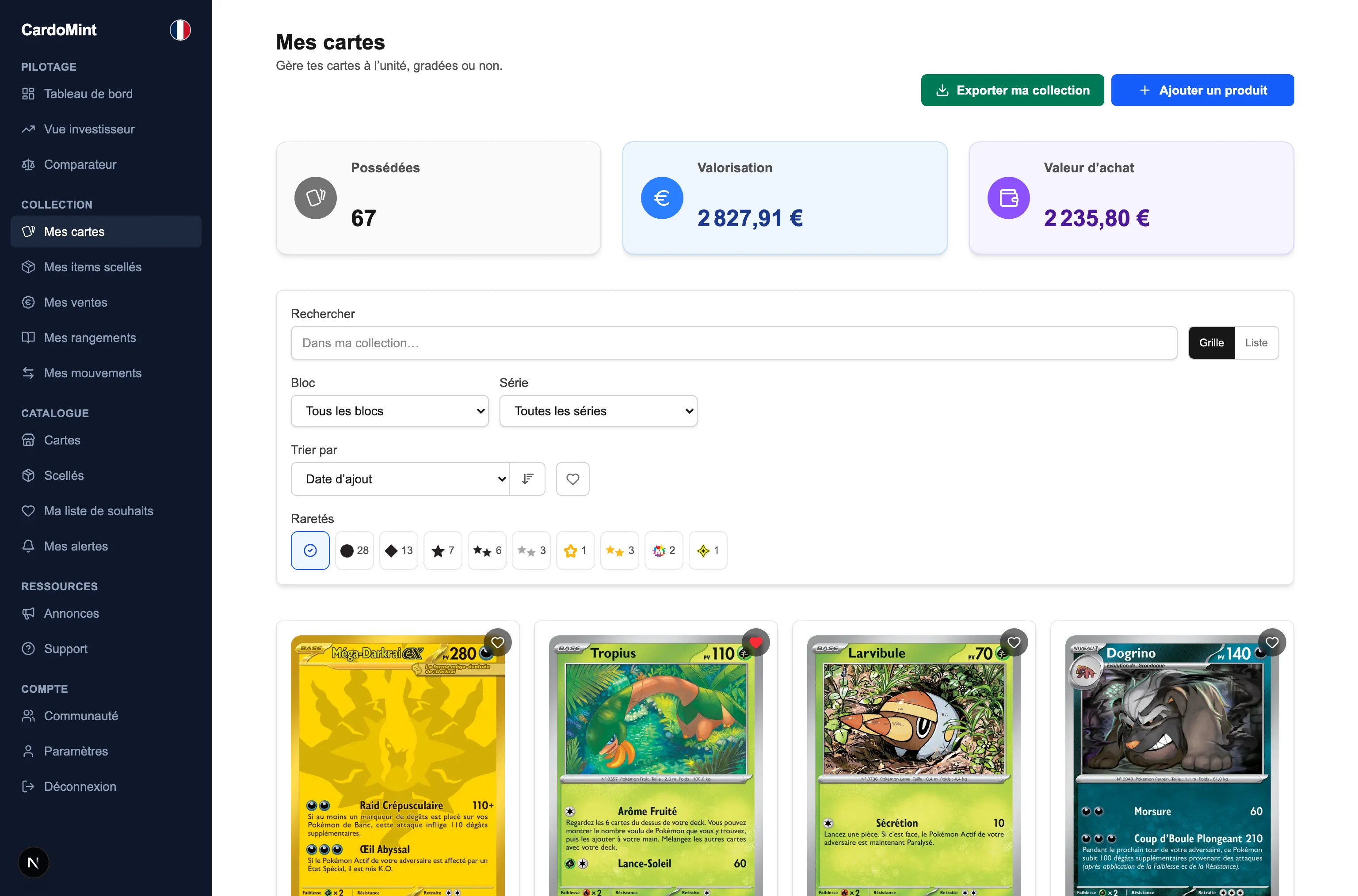 L'écran « Mes cartes » de CardoMint sur un ordinateur : la collection en grille, avec pour chaque carte son coût total, sa valeur actuelle et sa performance.