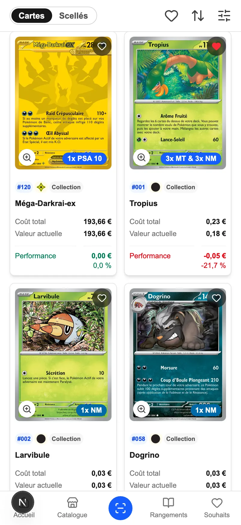 Le même écran « Mes cartes » sur un téléphone : quatre cartes possédées avec leur illustration, leur état, leur coût total, leur valeur actuelle et leur performance — dont une à −21,7 %.
