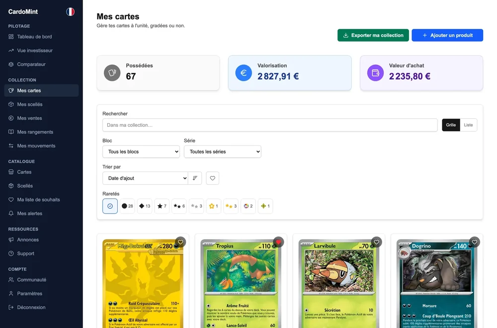L'écran « Mes cartes » de CardoMint sur un ordinateur : la collection en grille, avec pour chaque carte son coût total, sa valeur actuelle et sa performance.