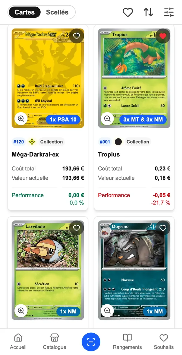Le même écran « Mes cartes » sur un téléphone : quatre cartes possédées avec leur illustration, leur état, leur coût total, leur valeur actuelle et leur performance — dont une à −21,7 %.